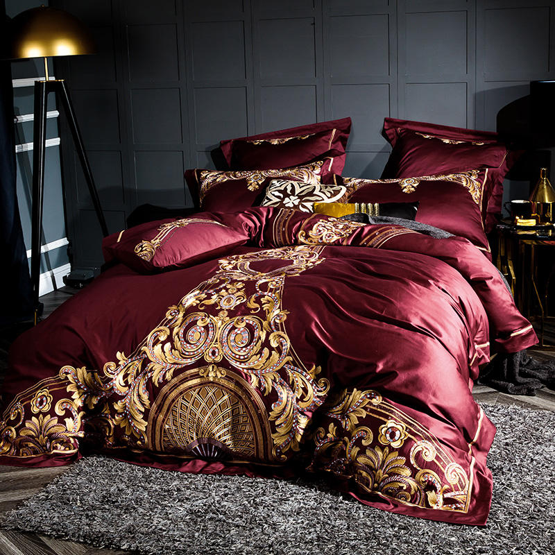 Lezkira Burgundy Red Luxury Egyptian Cotton Embroidery Duvet Cover Set