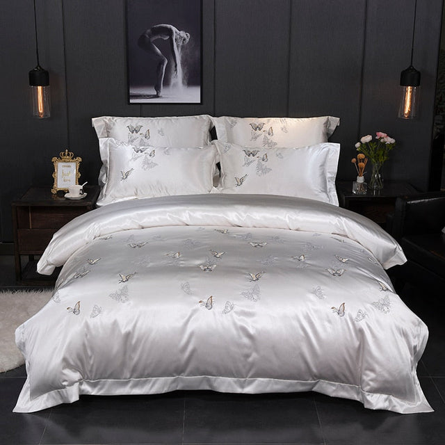 Mazeyna White Silver Silk Cotton Luxury Butterfly Duvet Cover set Duvet Cover Set - Venetto Design King / Flat Sheet Venettodesign.com