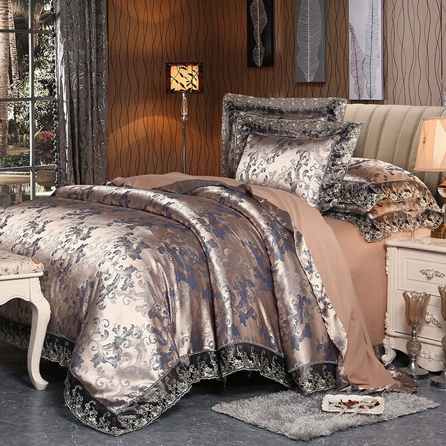 Fateena Silver Brown Luxury Satin Cotton Lace Duvet Cover Set Duvet Cover Set - Venetto Design King / 4 Pieces Venettodesign.com