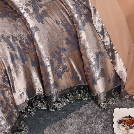 Fateena Silver Brown Luxury Satin Cotton Lace Duvet Cover Set