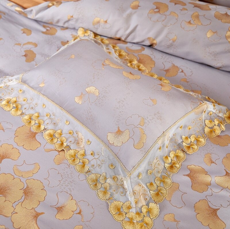 Neelgur Ginkgo Leaves Jacquard Soft Sateen Cotton Duvet Cover Set