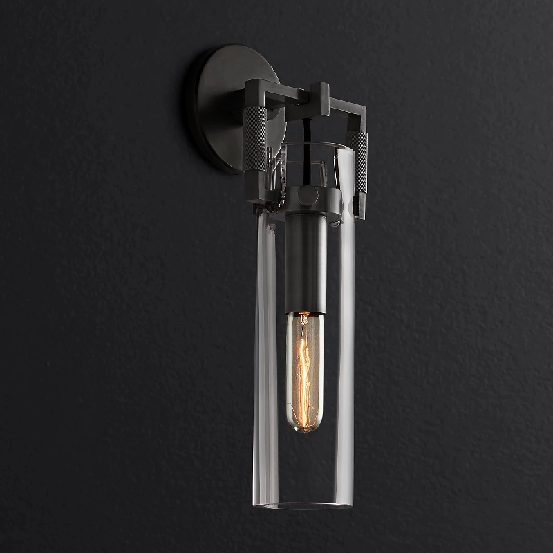 Queeni Modern Machinist Glass Cylinder Wall Sconce 12'', Wall Light For Bedroom