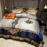 Daniella Blue Damask Embroidered Satin Egyptian Cotton Duvet Cover Set