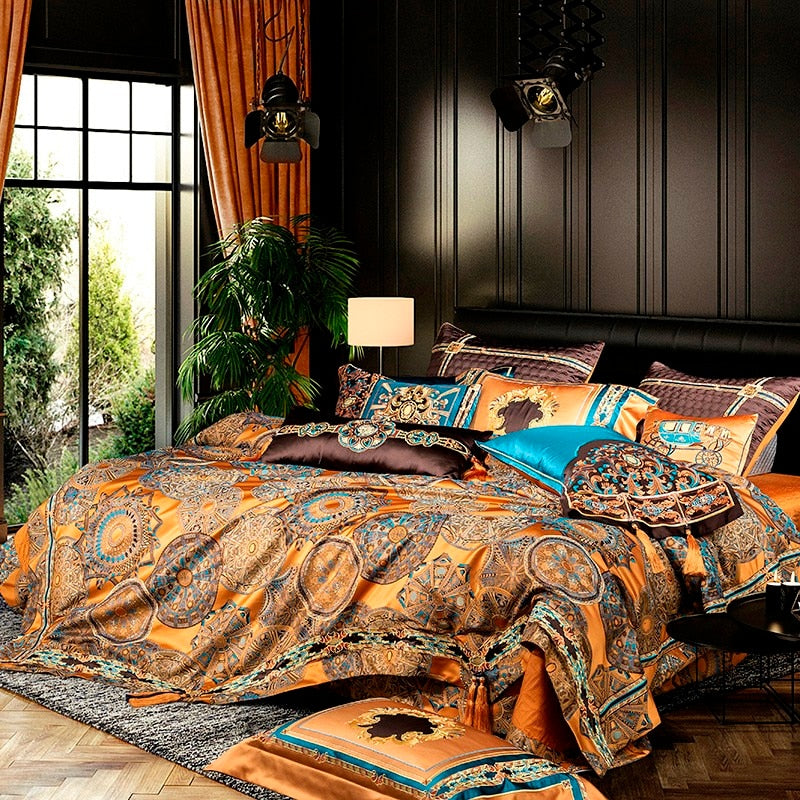 Omera Embroidered Tassel Rounded Jacquard Satin Duvet Cover Set