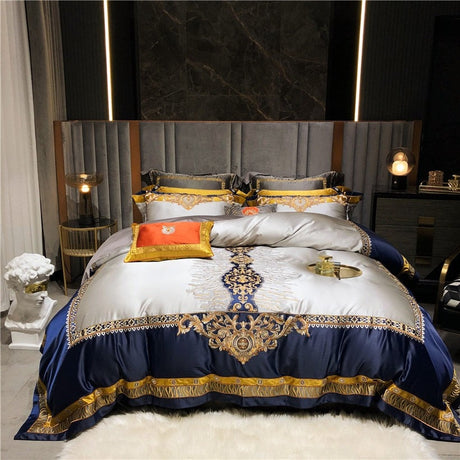 Daniella Blue Damask Embroidered Satin Egyptian Cotton Duvet Cover Set Duvet Cover Set - Venetto Design Queen | 4 Pieces Venettodesign.com