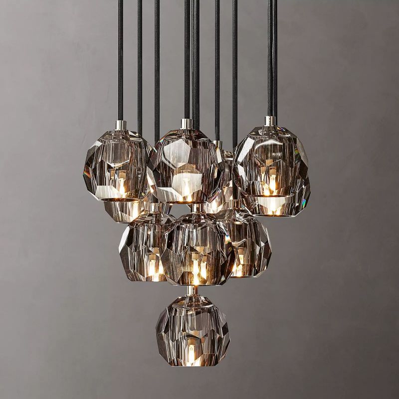 Kristal Glass Round Cluster Chandelier 14" chandeliers for dining room,chandeliers for stairways,chandeliers for foyer,chandeliers for bedrooms,chandeliers for kitchen,chandeliers for living room Rbrights Polished Nickel Smoke 