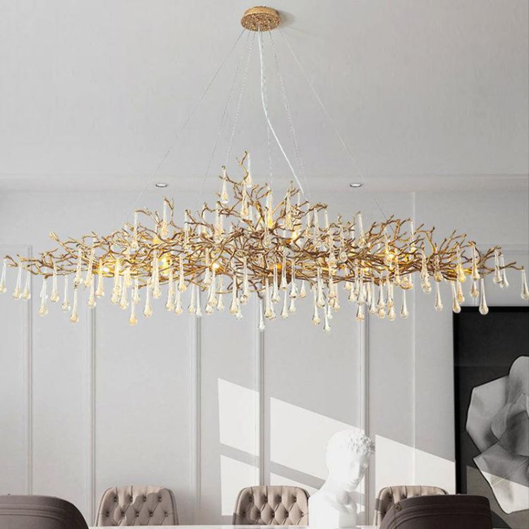 Lola Clear Teardrop Oval Dining Branch Chandelier, Brass Branch Chandelier