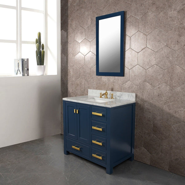 Water Creation Madison 36" Single Sink Carrara White Marble Vanity In Monarch Blue With Lavatory Faucet