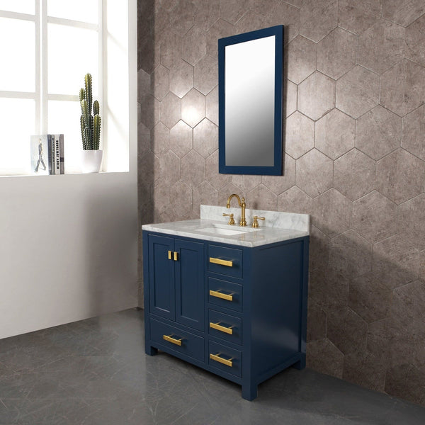 Water Creation Madison 36" Single Sink Carrara White Marble Vanity In Monarch Blue With Lavatory Faucet