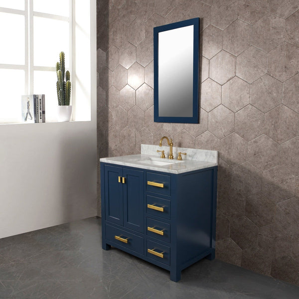 Water Creation Madison 36" Single Sink Carrara White Marble Vanity In Monarch Blue With Matching Mirror and Lavatory Faucet