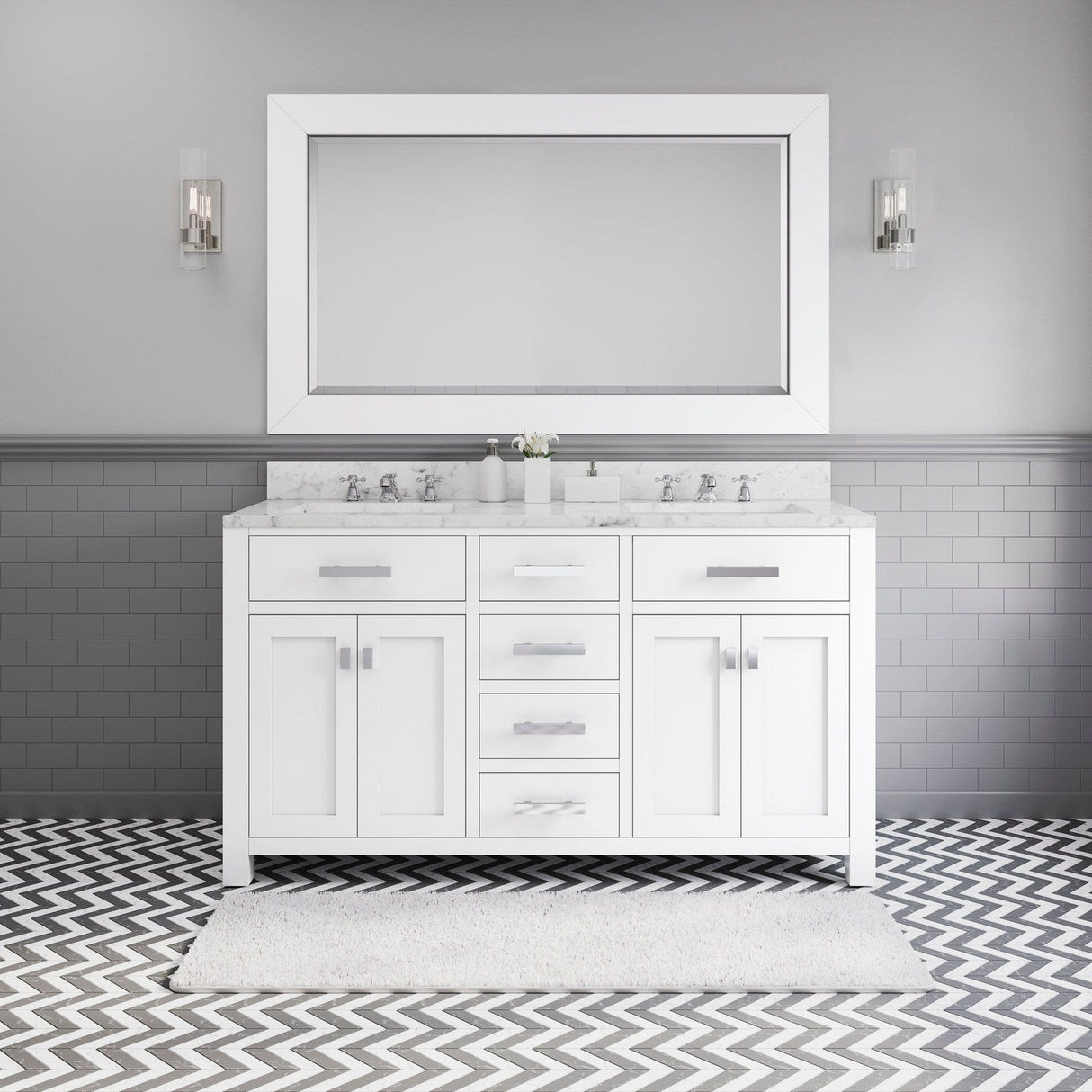 Water Creation Madison 60" Pure White Double Sink Bathroom Vanity With Matching Framed Mirror From The Madison Collection