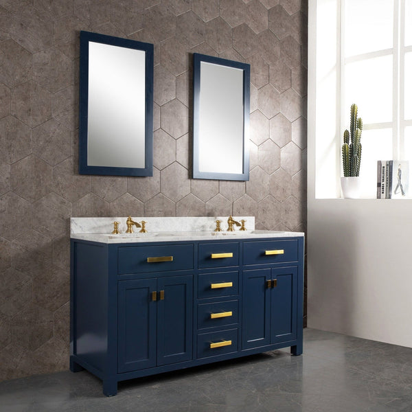 Water Creation Madison 60" Double Sink Carrara White Marble Vanity In Monarch Blue With Lavatory Faucet(s)