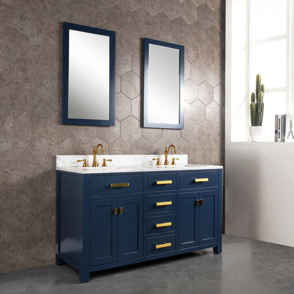 Water Creation Madison 60" Double Sink Carrara White Marble Vanity In Monarch Blue With Lavatory Faucet(s)