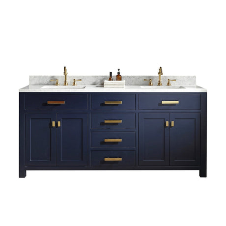 Water Creation Madison 72" Double Sink Carrara White Marble Vanity In Monarch Blue