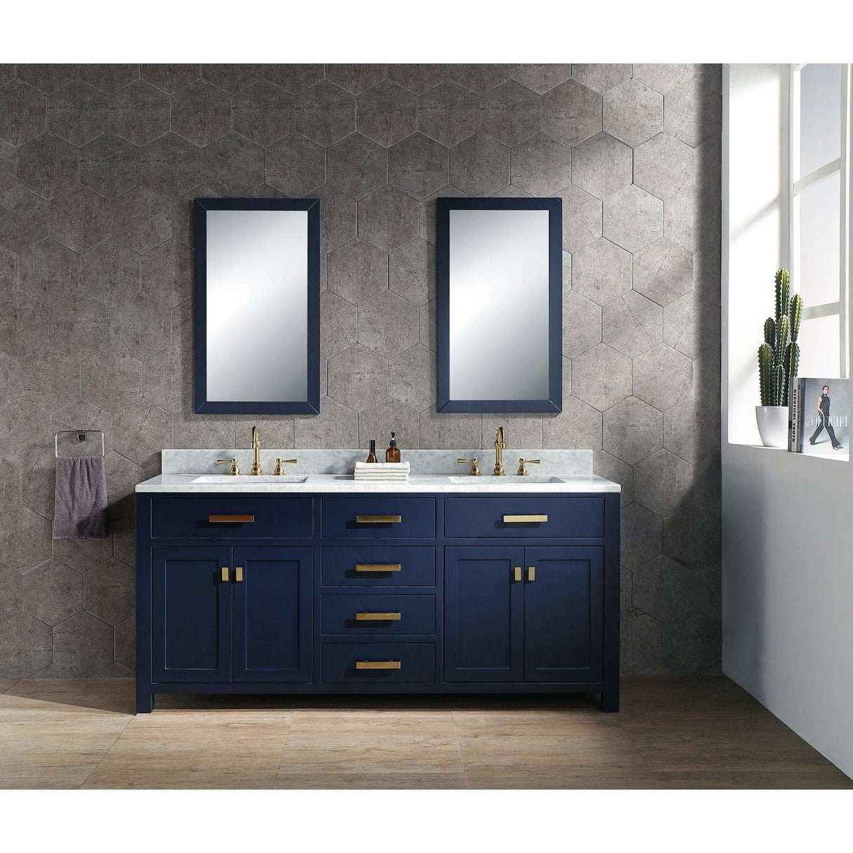 Water Creation Madison 72" Double Sink Carrara White Marble Vanity In Monarch Blue