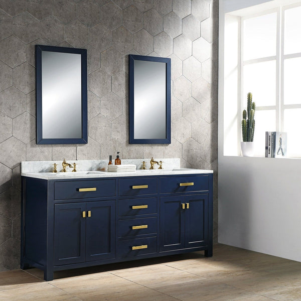 Water Creation Madison 72" Double Sink Carrara White Marble Vanity In Monarch Blue With Lavatory Faucet(s)