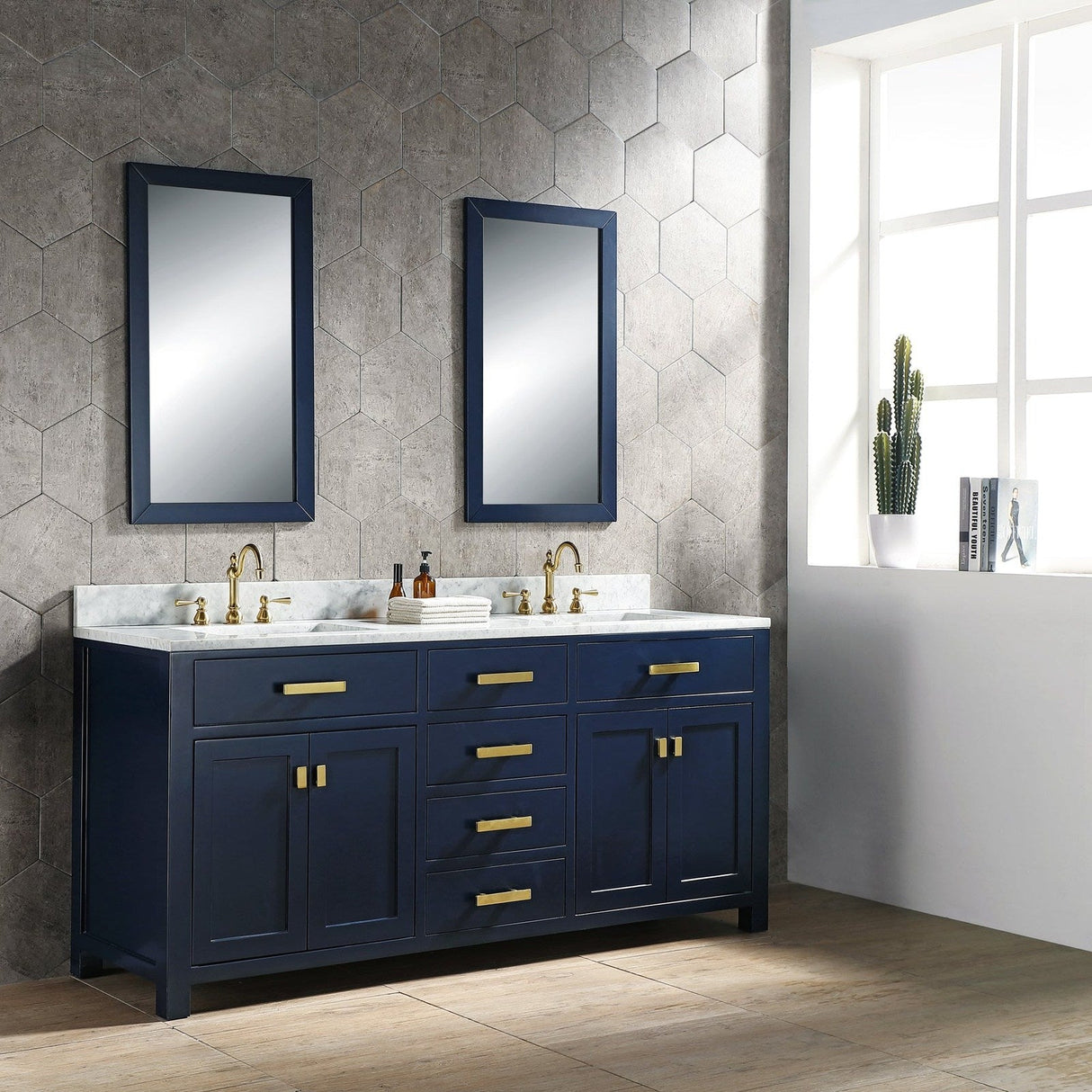 Water Creation Madison 72" Double Sink Carrara White Marble Vanity In Monarch Blue With  Lavatory Faucet(s)