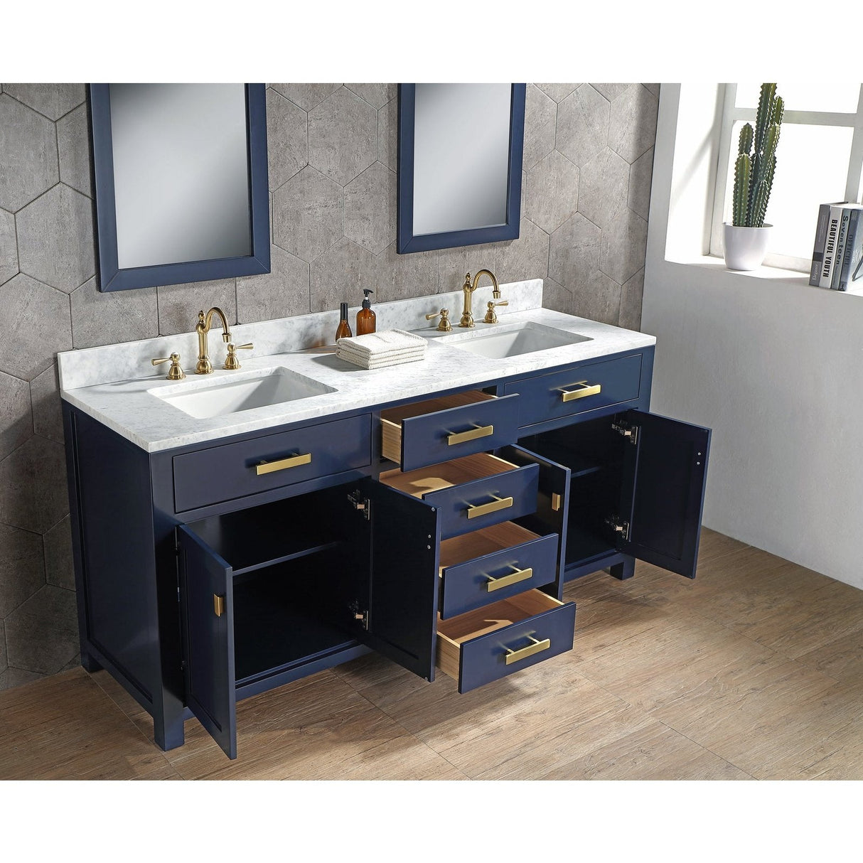 Water Creation Madison 72" Double Sink Carrara White Marble Vanity In Monarch Blue With  Lavatory Faucet(s)