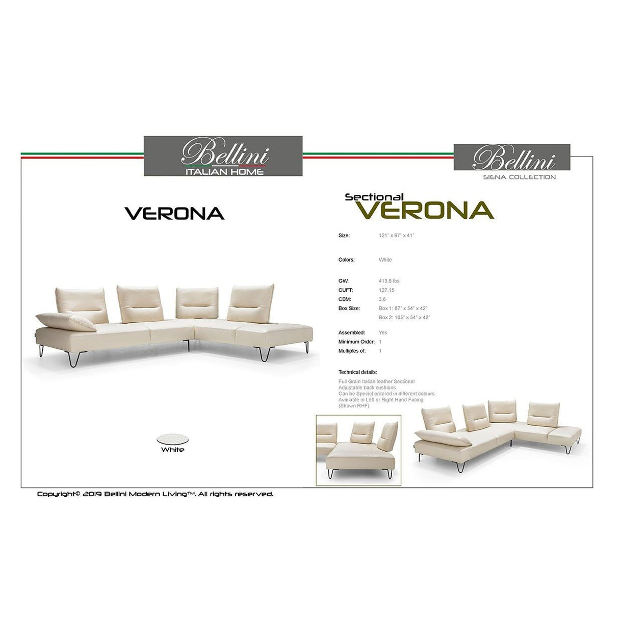 Bellini Modern Living Verona Left Hand Facing White DANDY 10 Verona LHF WHT