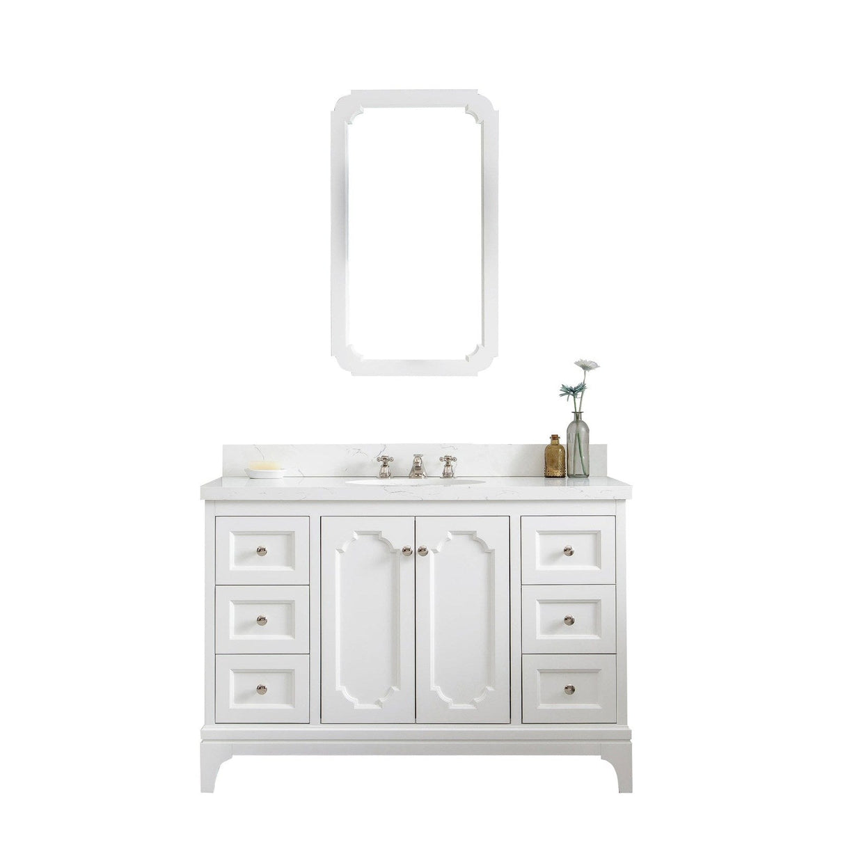 Water Creation Queen 48" Single Sink Quartz Carrara Vanity In Pure White With Matching Mirror and Lavatory Faucet