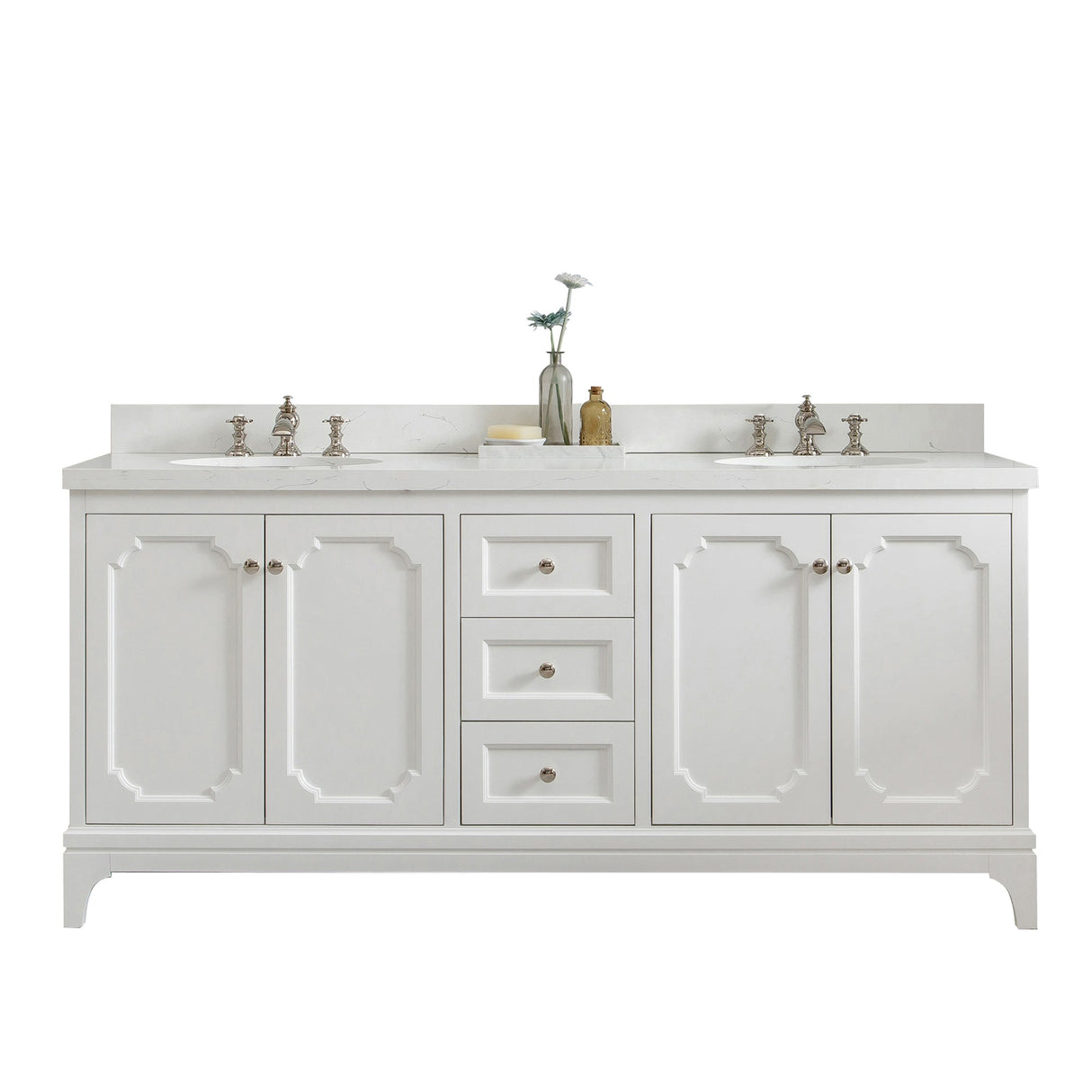 Water Creation Queen 72" Double Sink Quartz Carrara Vanity In Pure White With Lavatory Faucet(s)