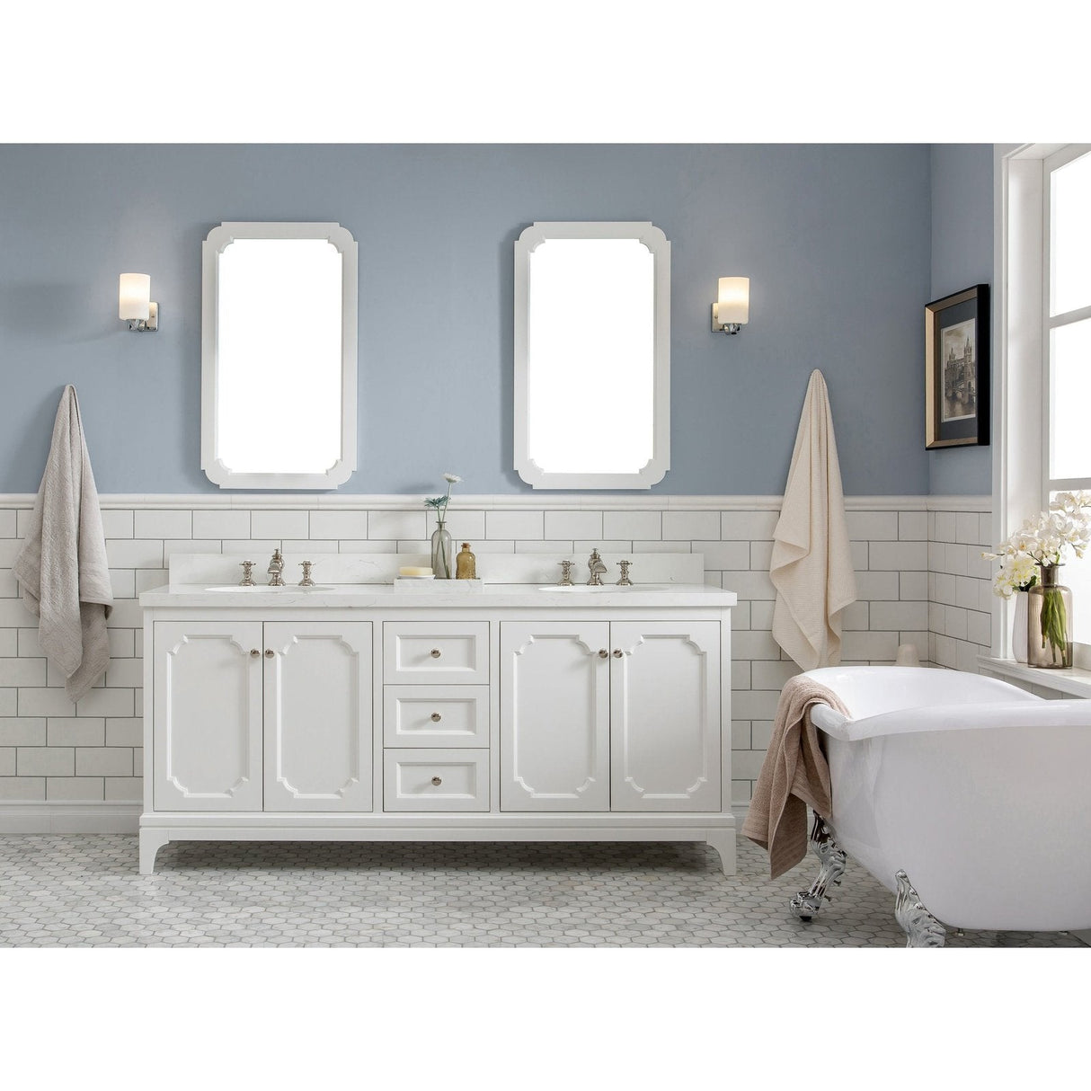 Water Creation Queen 72" Double Sink Quartz Carrara Vanity In Pure White With Lavatory Faucet(s)