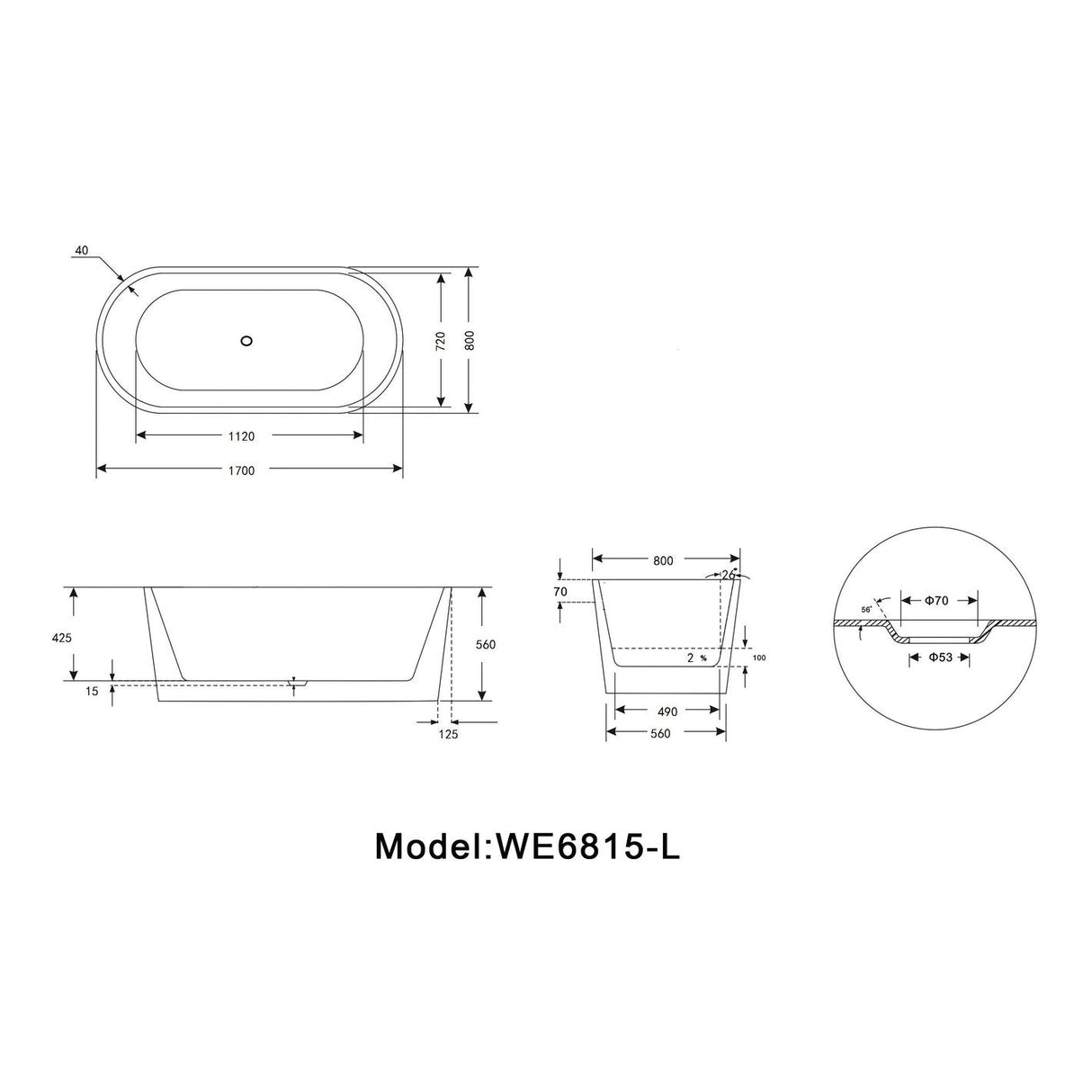 Legion Furniture 67.3" White Acrylic Tub - No Faucet WE6815-L