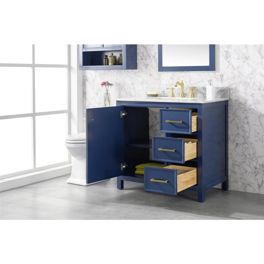 Legion Furniture 36" Blue Finish Sink Vanity Cabinet With Carrara White Top WLF2136-B