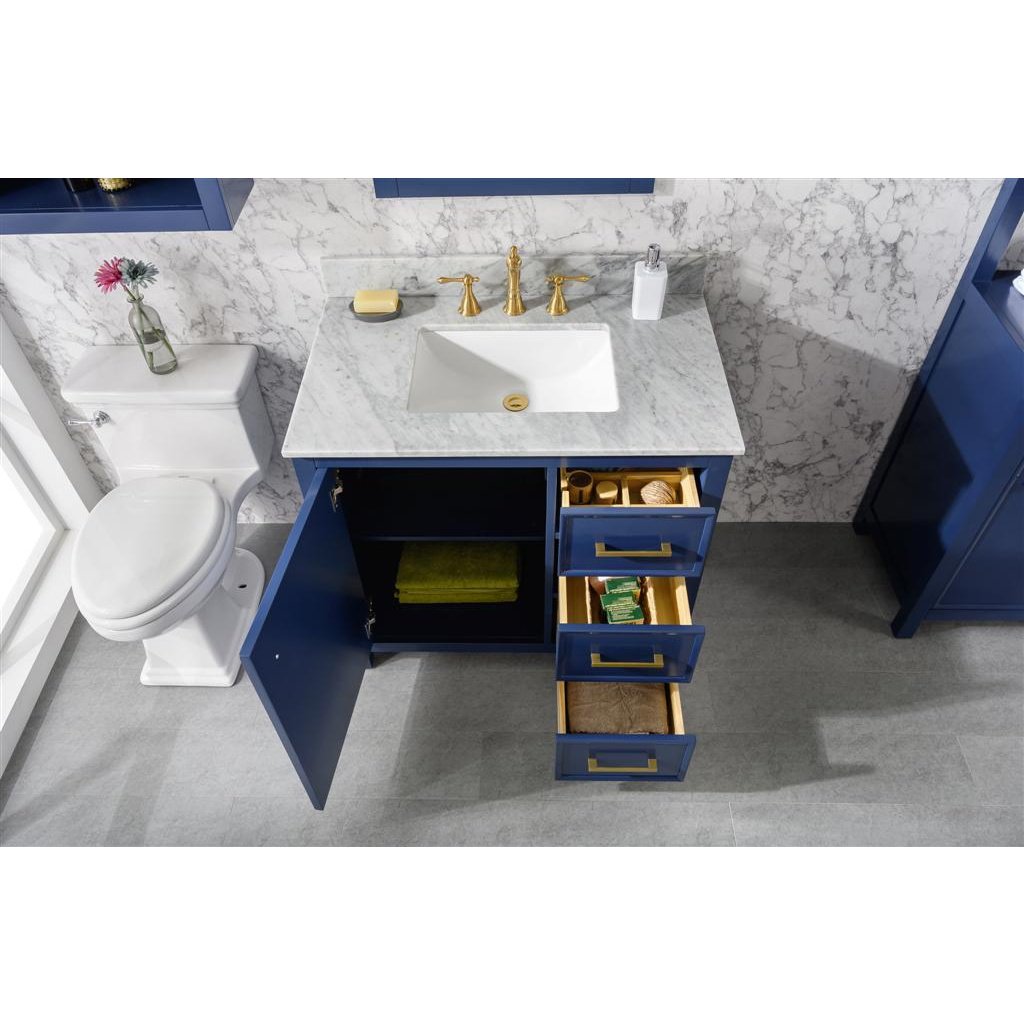 Legion Furniture 36" Blue Finish Sink Vanity Cabinet With Carrara White Top WLF2136-B