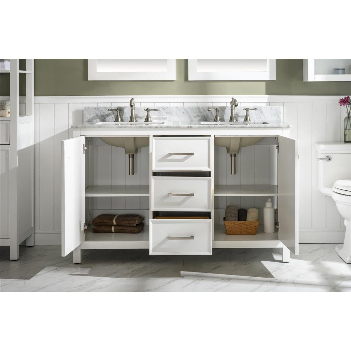 Legion Furniture 54" White Finish Double Sink Vanity Cabinet With Carrara White Top WLF2154-W