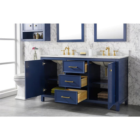 Legion Furniture 60" Blue Finish Double Sink Vanity Cabinet With Carrara White Top WLF2160D-B