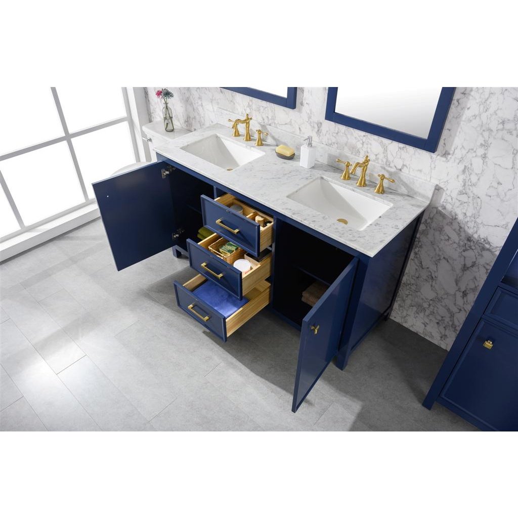 Legion Furniture 60" Blue Finish Double Sink Vanity Cabinet With Carrara White Top WLF2160D-B