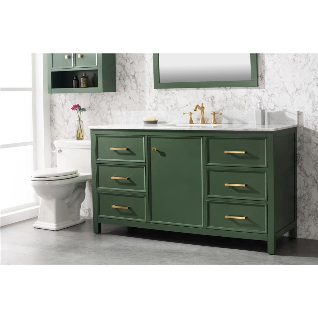 Legion Furniture 60"" Vogue Green Finish Single Sink Vanity Cabinet With Carrara White Top WLF2160S-VG