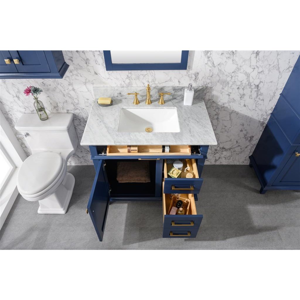 Legion Furniture 36" Blue Finish Sink Vanity Cabinet With Carrara White Top WLF2236-B