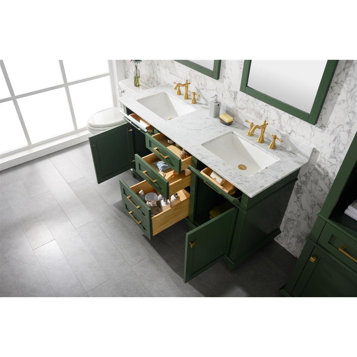 Legion Furniture 60" Vogue Green Finish Double Sink Vanity Cabinet With Carrara White Top WLF2260D-VG