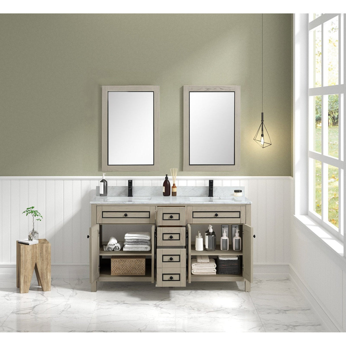 Legion Furniture 60" Light Oak Finish Sink Vanity Cabinet With Carrara White Top WV2260-O