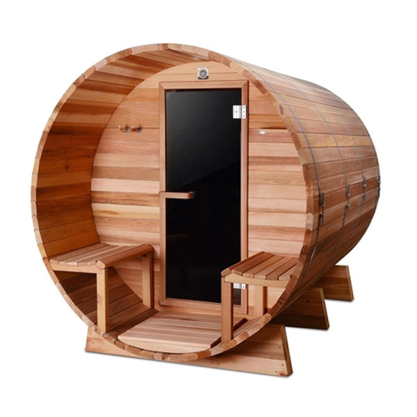 ALEKO Outdoor or Indoor Western Red Cedar 8 Person Wet Dry Barrel Sauna With Front Porch Canopy - With Heater - SB8CEDARCP-AP