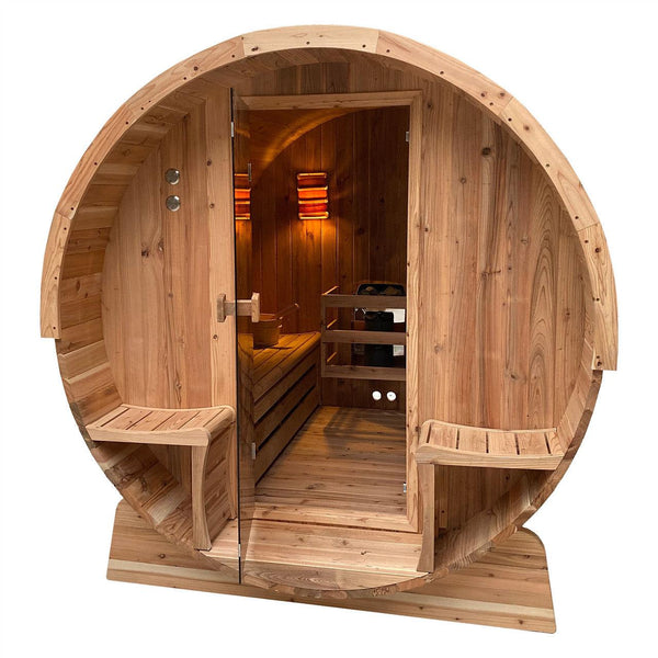 ALEKO Outdoor Rustic Cedar 4 Person Barrel Steam Sauna With Heater - Front Porch Canopy  -SB4CED-AP