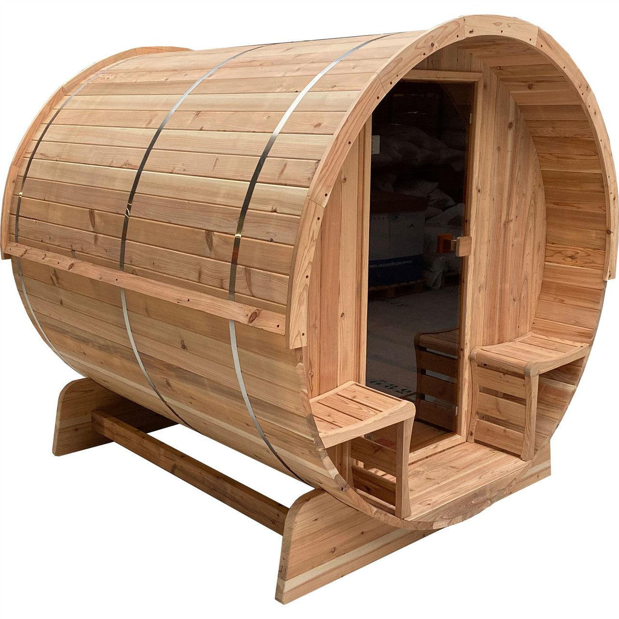 ALEKO Outdoor Rustic Cedar 4 Person Barrel Steam Sauna With Heater - Front Porch Canopy  -SB4CED-AP