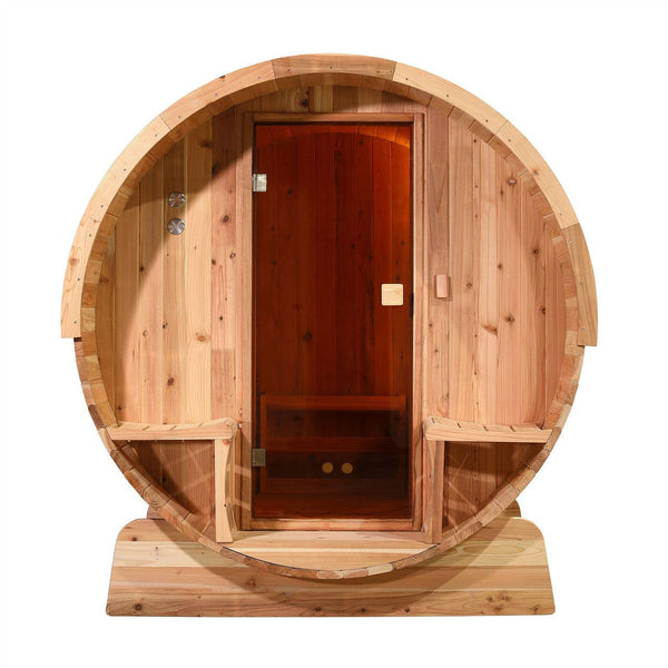 ALEKO Outdoor Rustic Cedar 6 Person Barrel Steam Sauna With Heater -Front Porch Canopy - SB6CED-AP