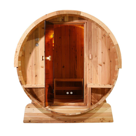 ALEKO Outdoor Rustic Cedar 6 Person Barrel Steam Sauna With Heater -Front Porch Canopy - SB6CED-AP