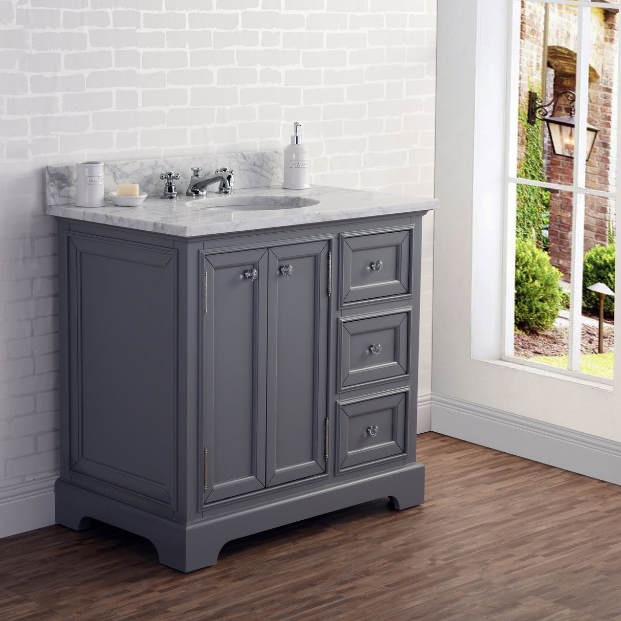 WATER CREATION 36 Inch Wide Cashmere Grey Single Sink Carrara Marble Bathroom Vanity From The Derby Collection