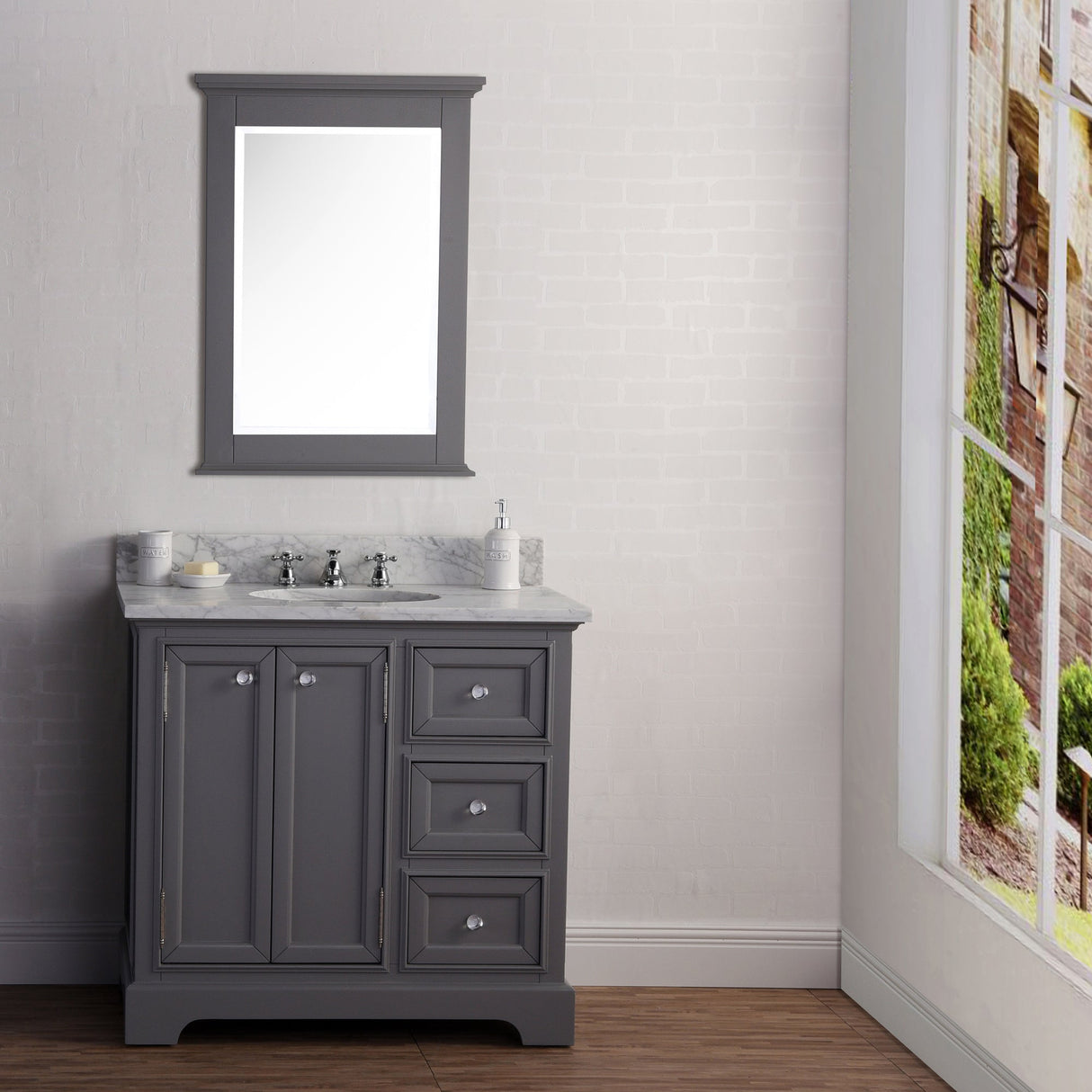 WATER CREATION 36 Inch Wide Cashmere Grey Single Sink Carrara Marble Bathroom Vanity From The Derby Collection