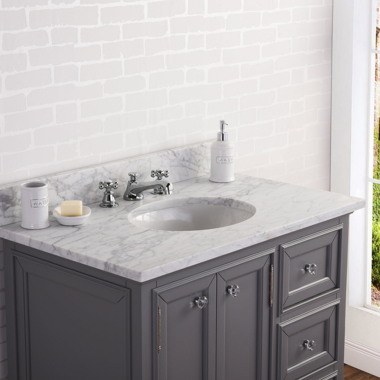 Water Creation Bathroom Vanity Vanity and Faucet WATER CREATION 36 Inch Wide Cashmere Grey Single Sink Carrara Marble Bathroom Vanity From The Derby Collection