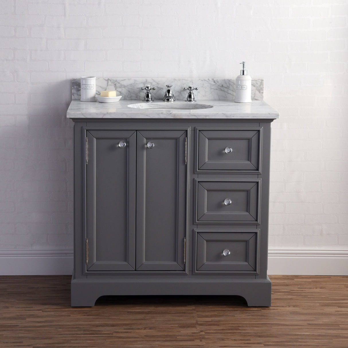 Water Creation Bathroom Vanity Vanity Only WATER CREATION 36 Inch Wide Cashmere Grey Single Sink Carrara Marble Bathroom Vanity From The Derby Collection