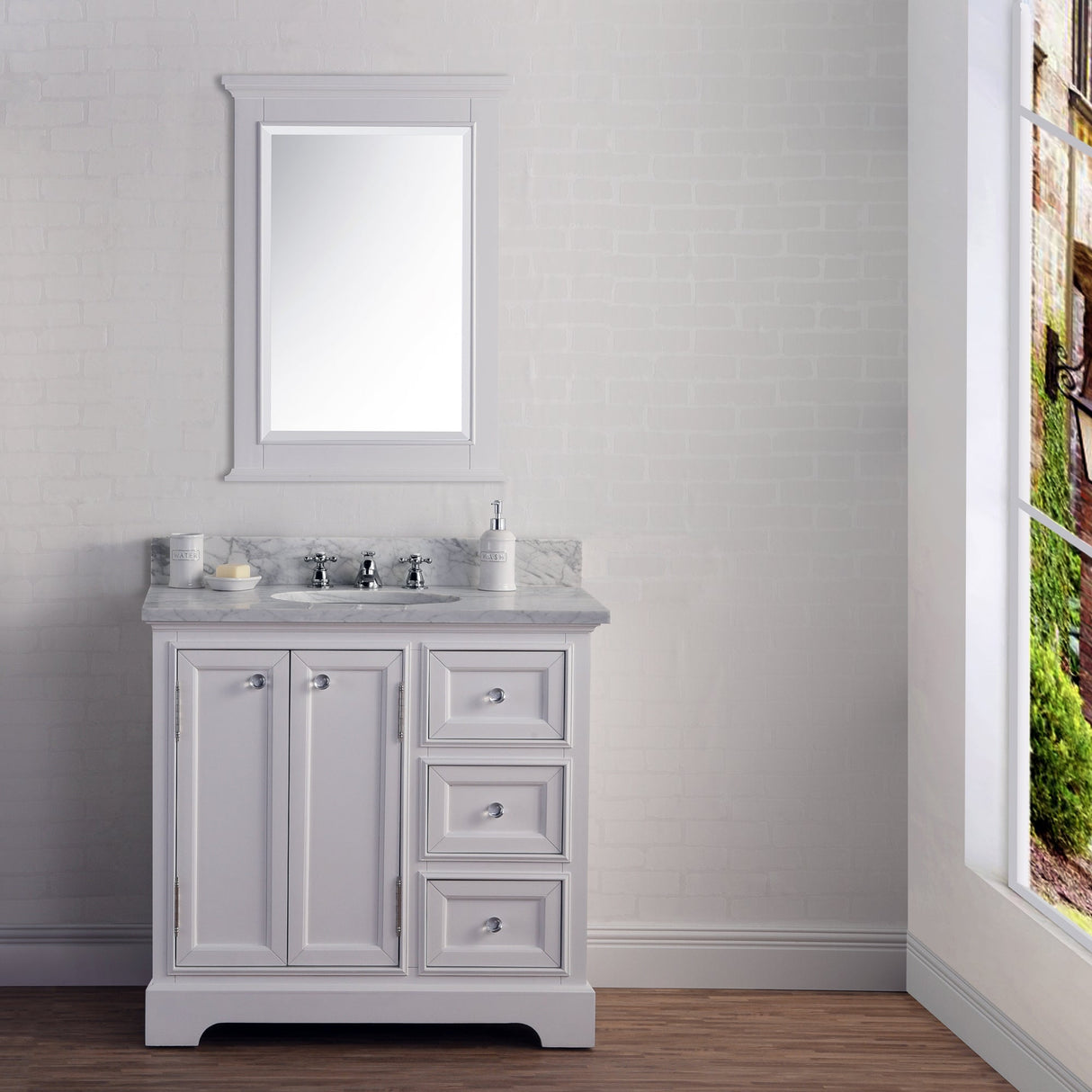 WATER CREATION 36 Inch Wide Pure White Single Sink Carrara Marble Bathroom Vanity From The Derby Collection