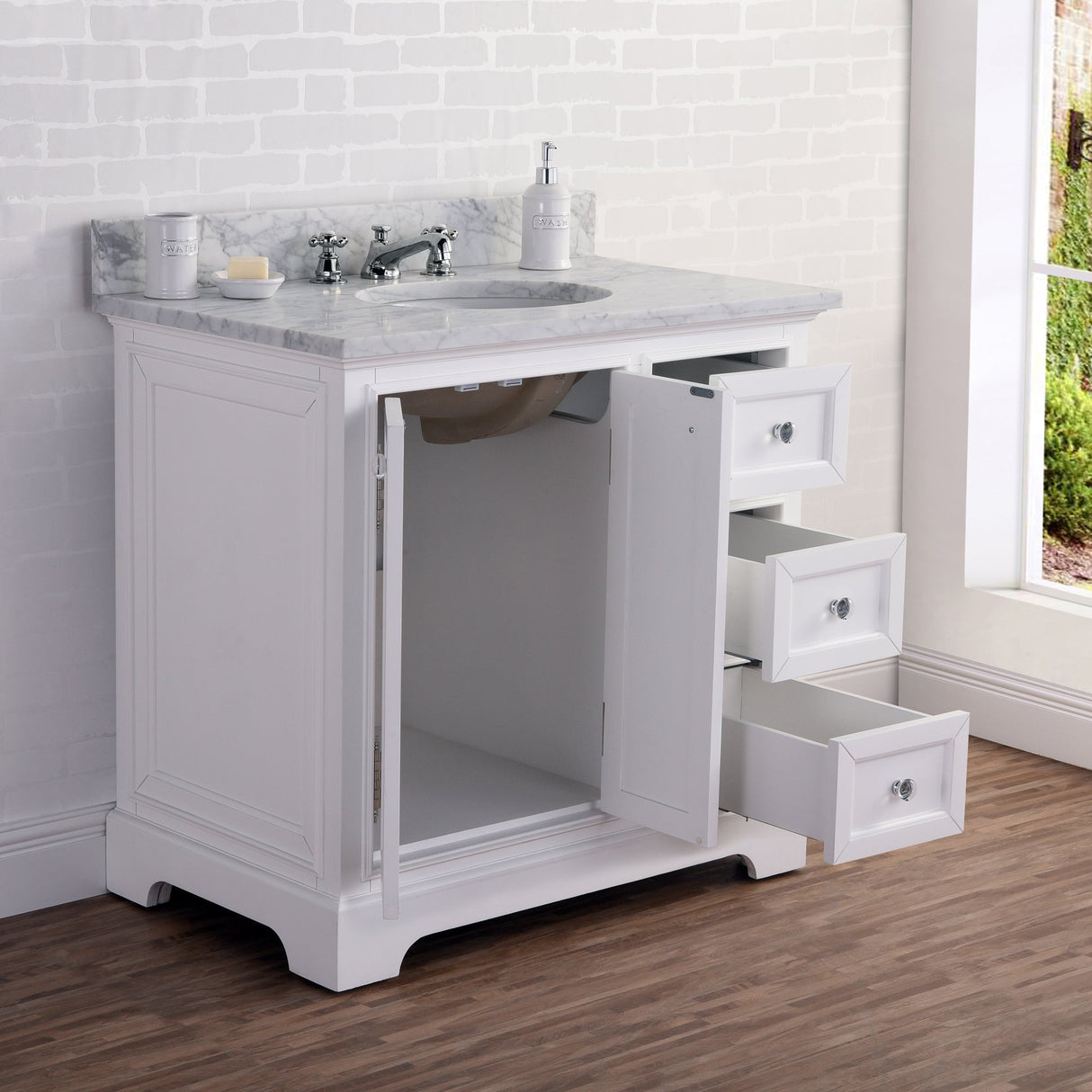 WATER CREATION 36 Inch Wide Pure White Single Sink Carrara Marble Bathroom Vanity From The Derby Collection