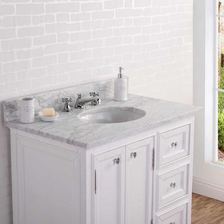 Water Creation Bathroom Vanity Vanity and Faucet WATER CREATION 36 Inch Wide Pure White Single Sink Carrara Marble Bathroom Vanity From The Derby Collection