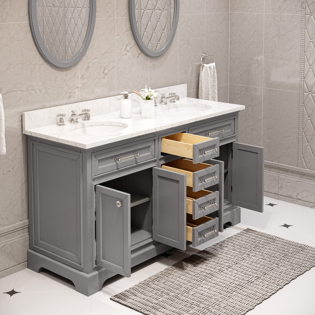 WATER CREATION 60 Inch Cashmere Grey Double Sink Bathroom Vanity From The Derby Collection