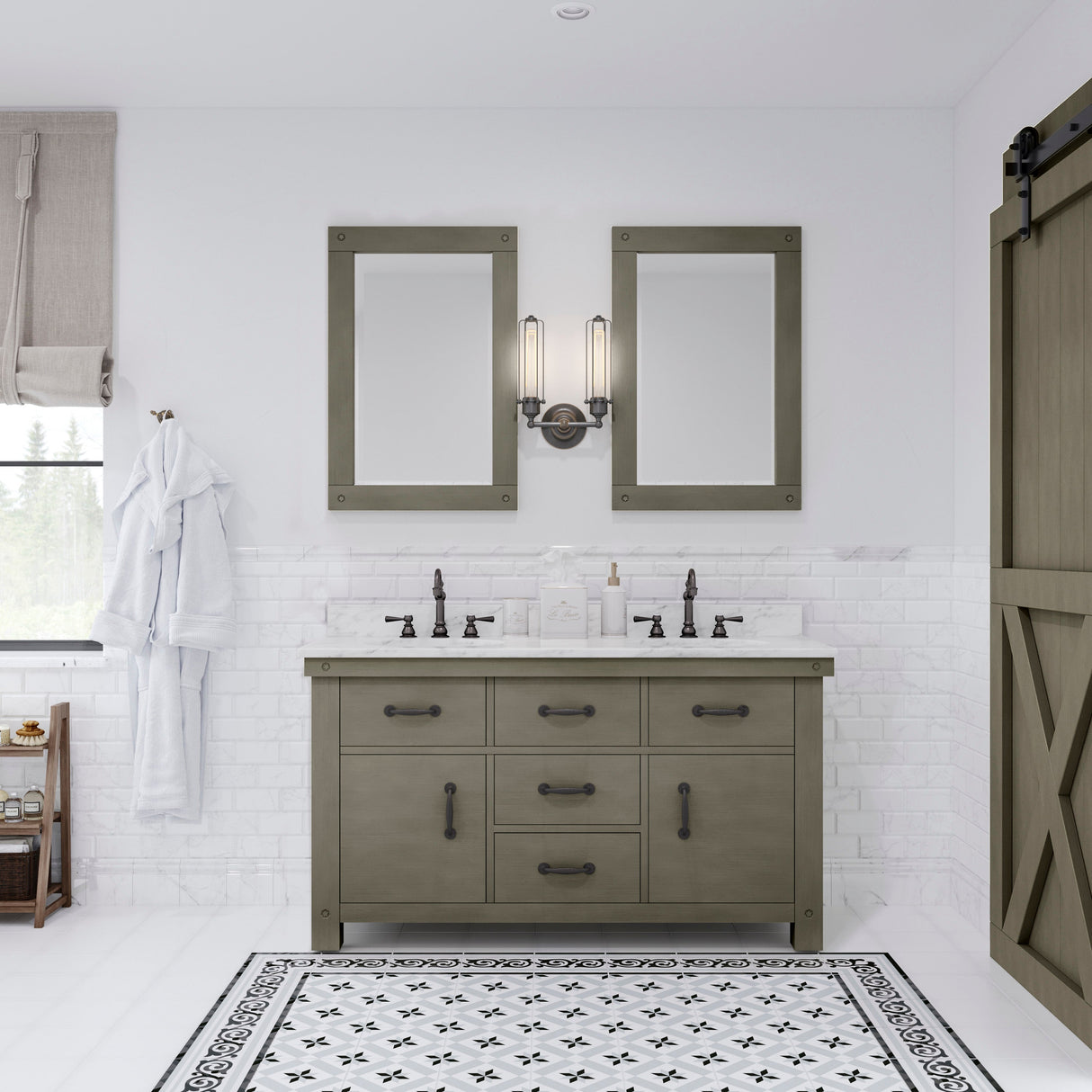 WATER CREATION 60 Inch Grizzle Grey Double Sink Bathroom Vanity With Carrara White Marble Counter Top From The ABERDEEN Collection